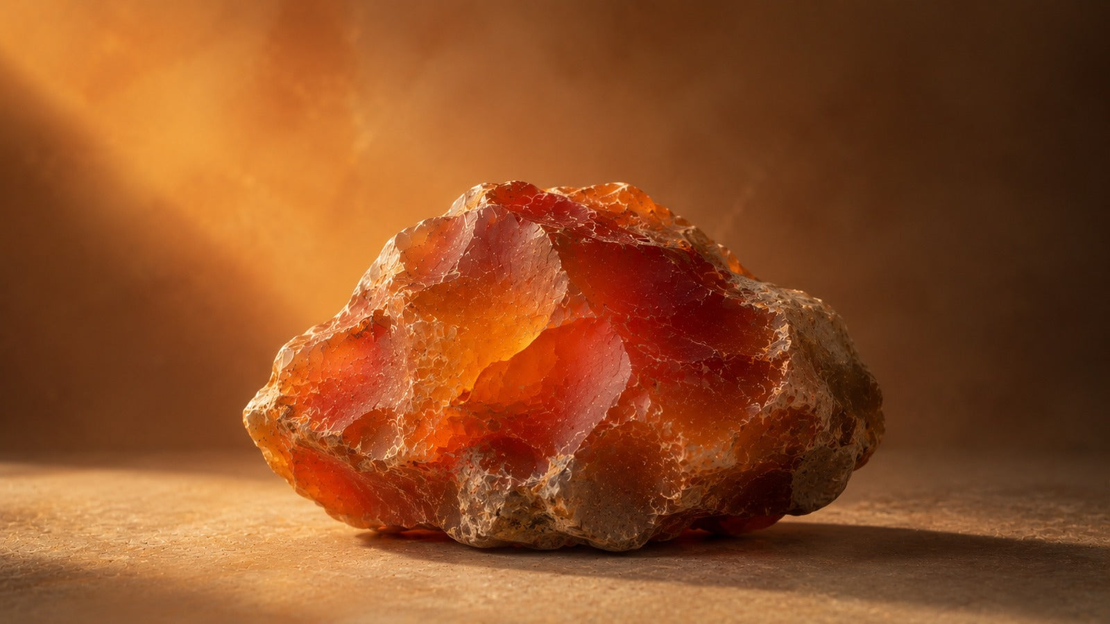 Raw carnelian stone in warm orange and reddish amber tones