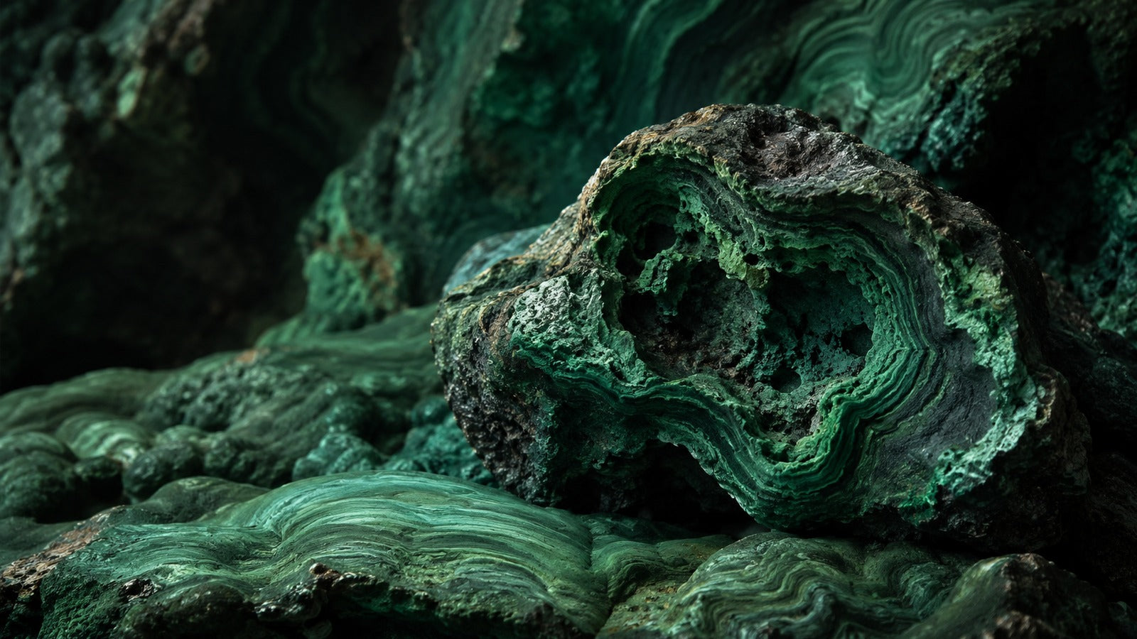 Raw malachite stone with deep green banded mineral pattern