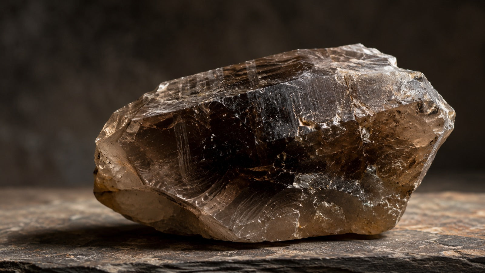Raw smoky quartz stone in taupe, grey, and brown translucent tones