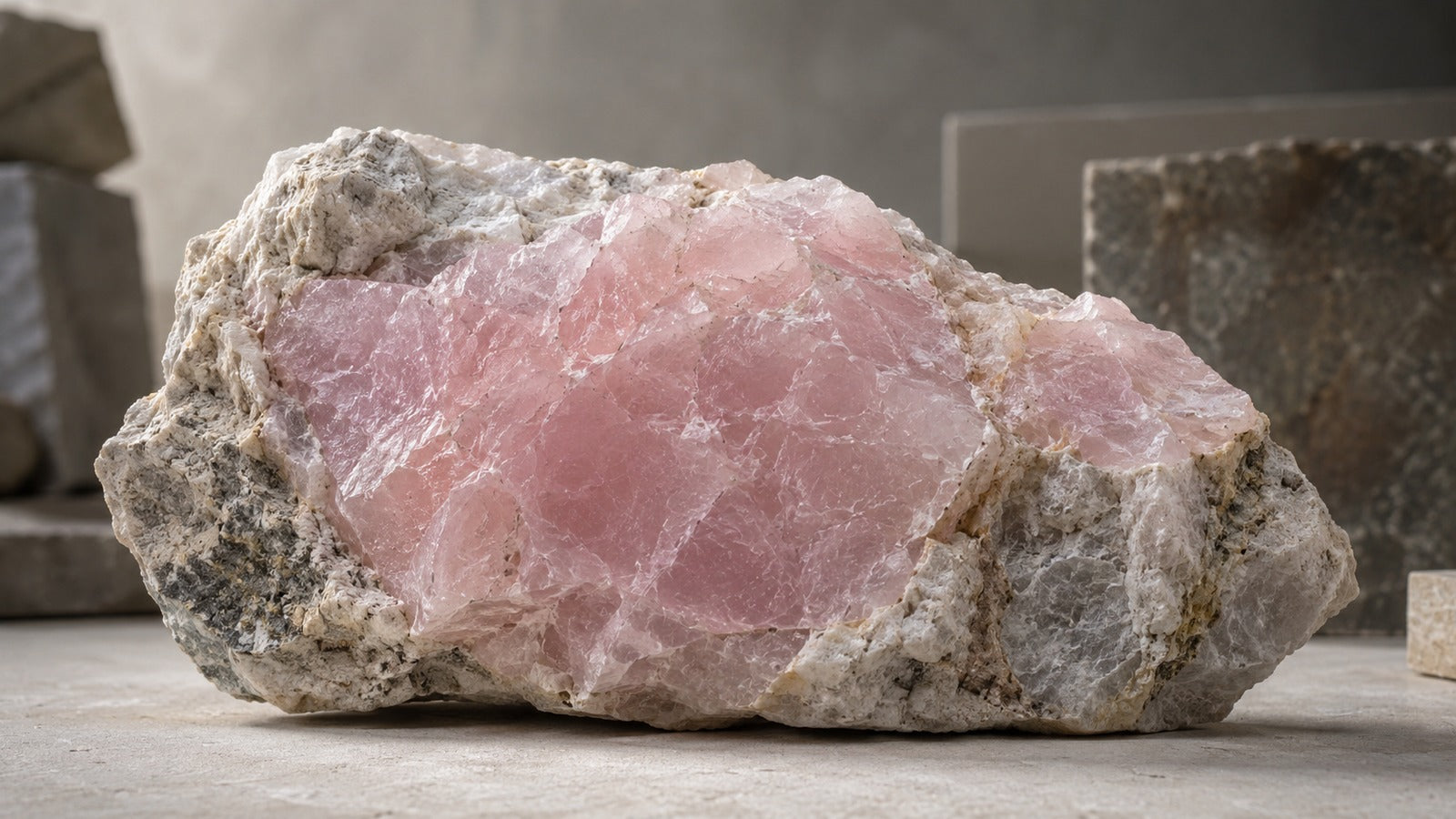 Raw rose quartz stone with a soft pale pink cloudy surface