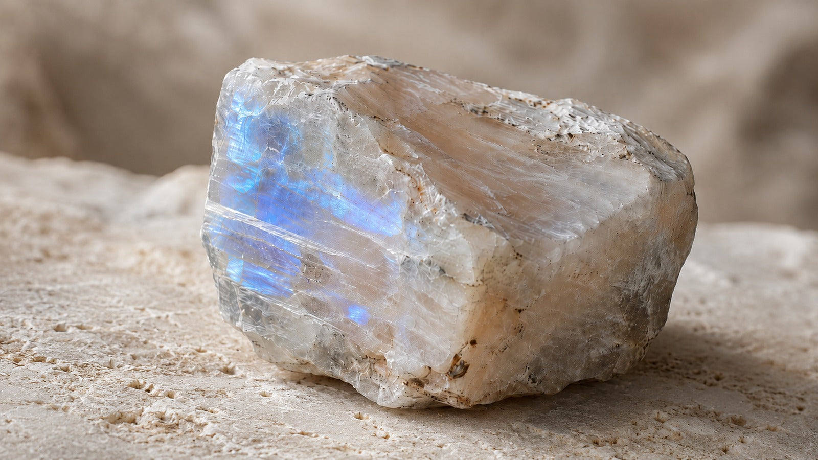 Raw moonstone with soft white and grey reflective mineral light