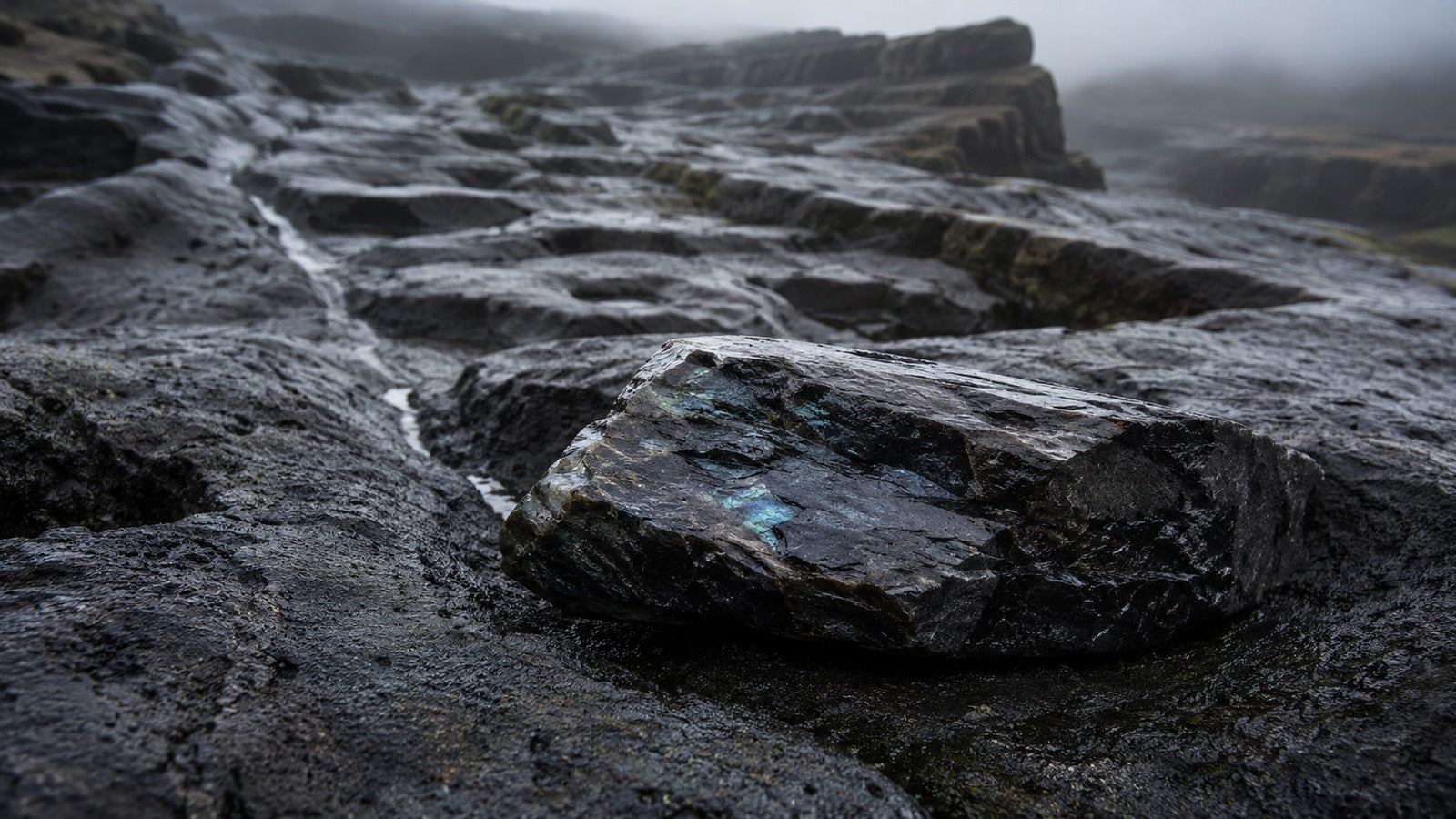Raw labradorite stone with grey surface and blue green flashes