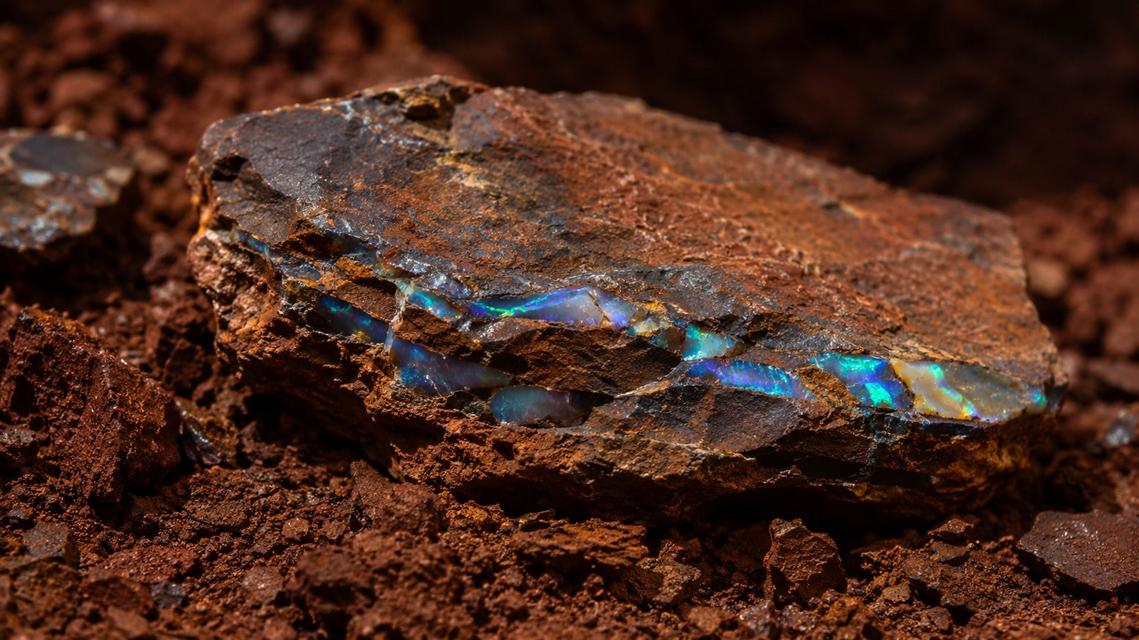 Raw ironstone matrix opal with dark mineral body and subtle warm inner light
