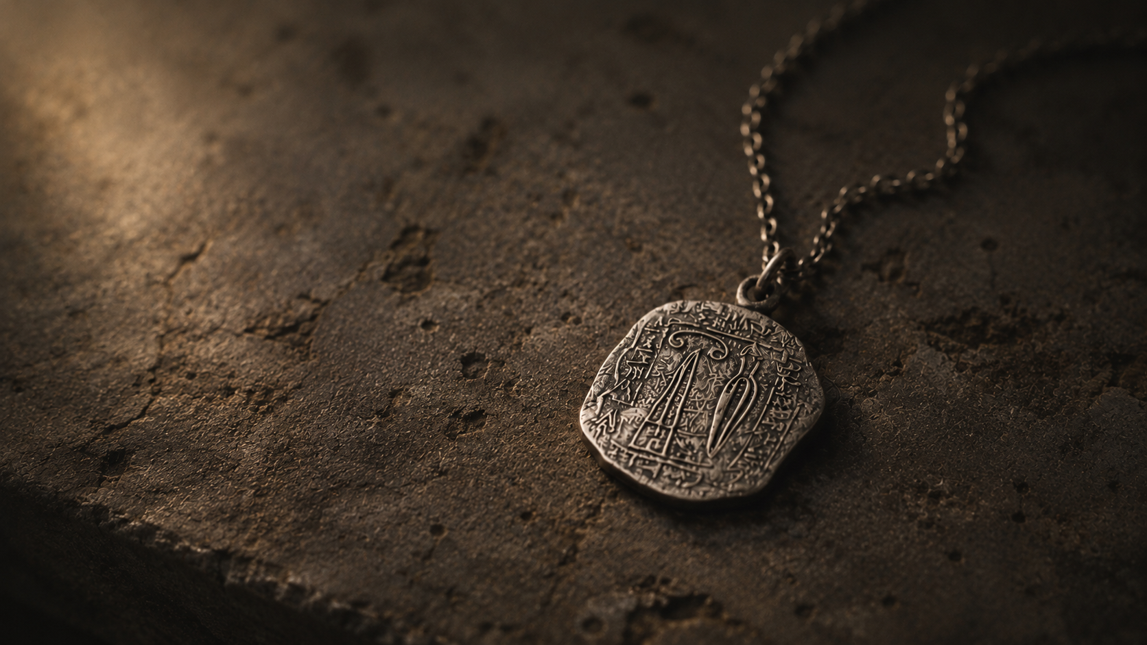 Silver symbolic pendant on a dark textured stone surface