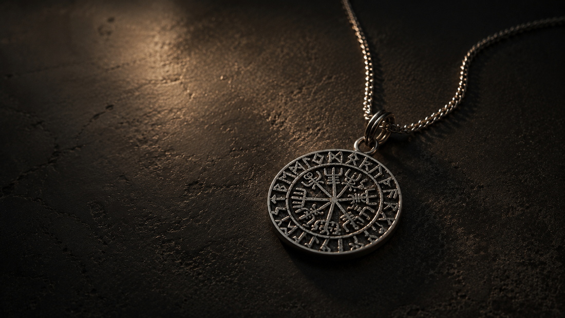 Symbolic compass-like silver necklace on a dark stone surface
