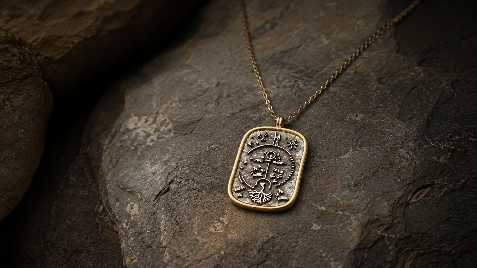 Distinctive symbolic necklace on a dark natural stone surface