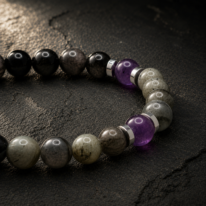 Scorpio Depth bracelet with Silver Obsidian, Labradorite, Amethyst and Hematite