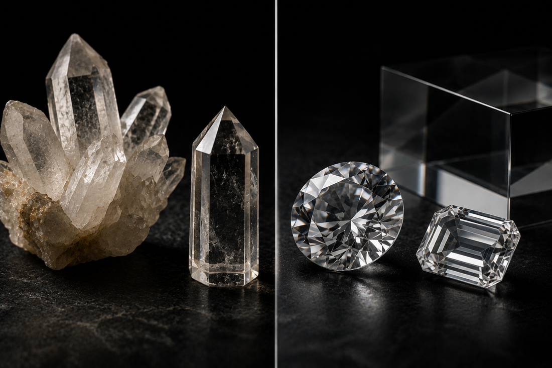 Quartz and crystal glass jewelry comparison styled for an L&H Atelier guide