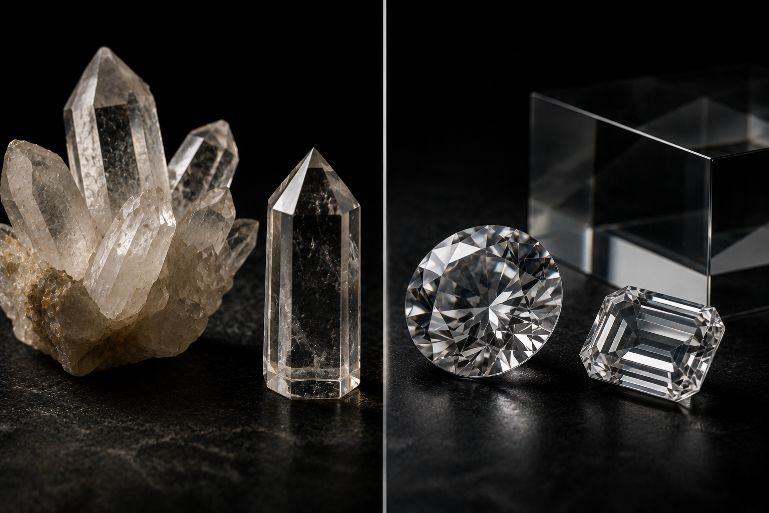 Quartz and crystal glass jewelry comparison styled for an L&H Atelier guide