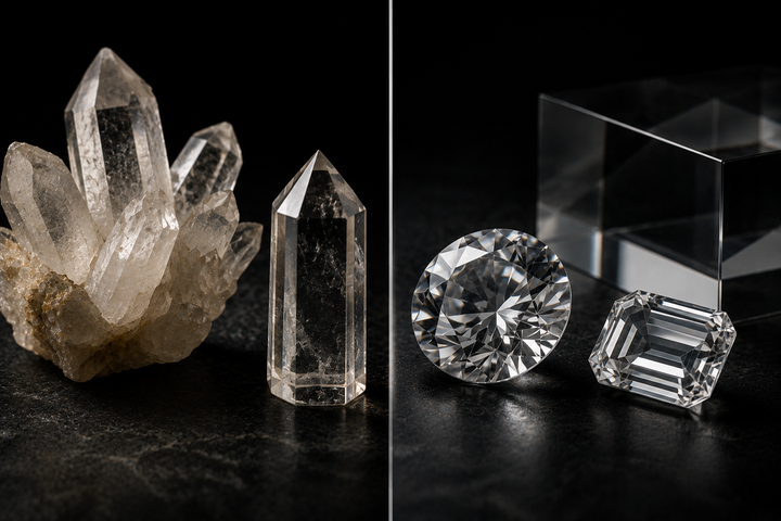 Quartz and crystal glass jewelry comparison styled for an L&H Atelier guide