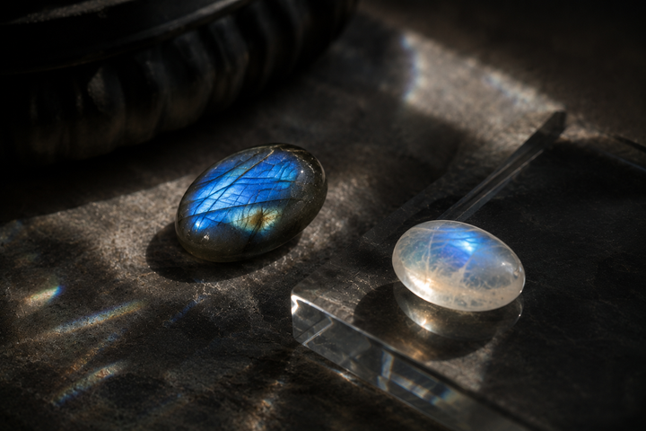 Labradorite and moonstone jewelry comparison styled for an L&H Atelier guide