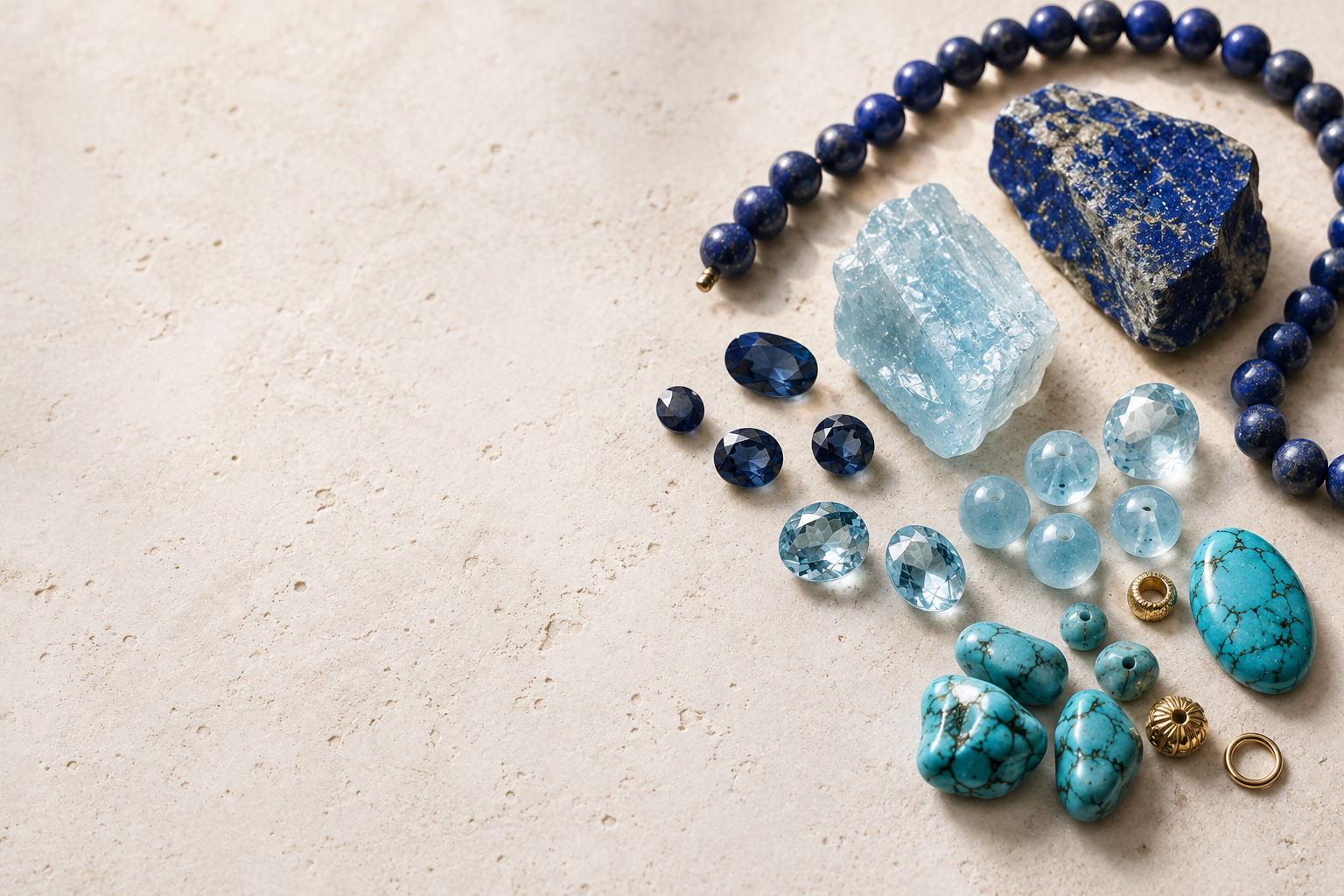 Blue stone jewelry arranged on neutral linen for an L&H Atelier Journal guide
