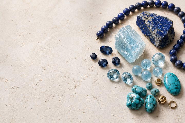 Blue stone jewelry arranged on neutral linen for an L&H Atelier Journal guide