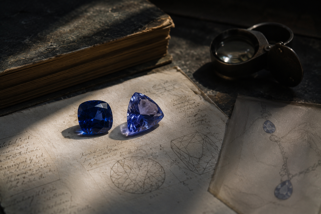 Sapphire and tanzanite jewelry comparison styled on neutral linen