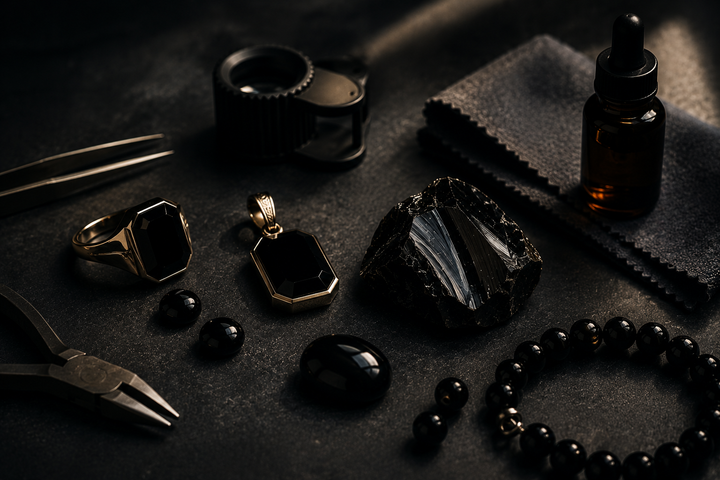 Black onyx and obsidian jewelry comparison styled on neutral linen