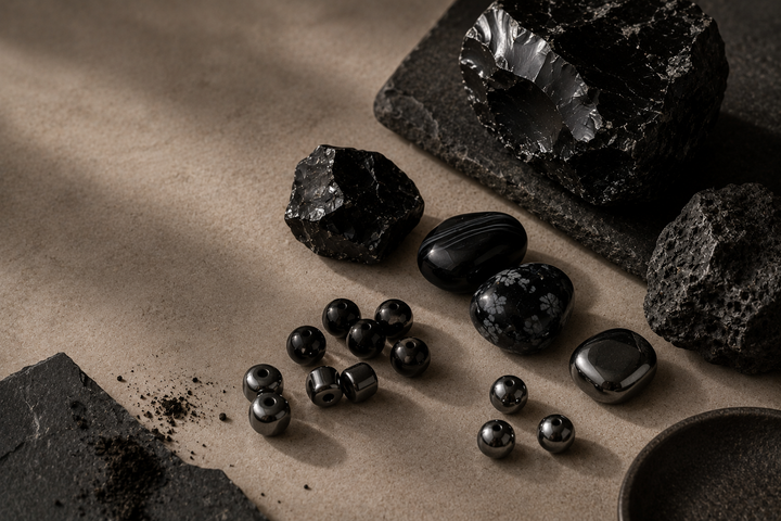 Black stone jewelry styled on neutral linen for an L&H Atelier Journal guide