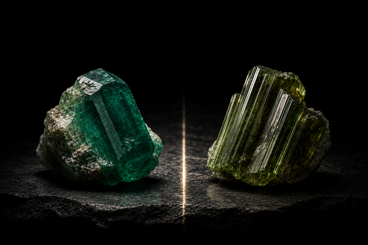 Emerald and green tourmaline jewelry comparison styled on neutral linen