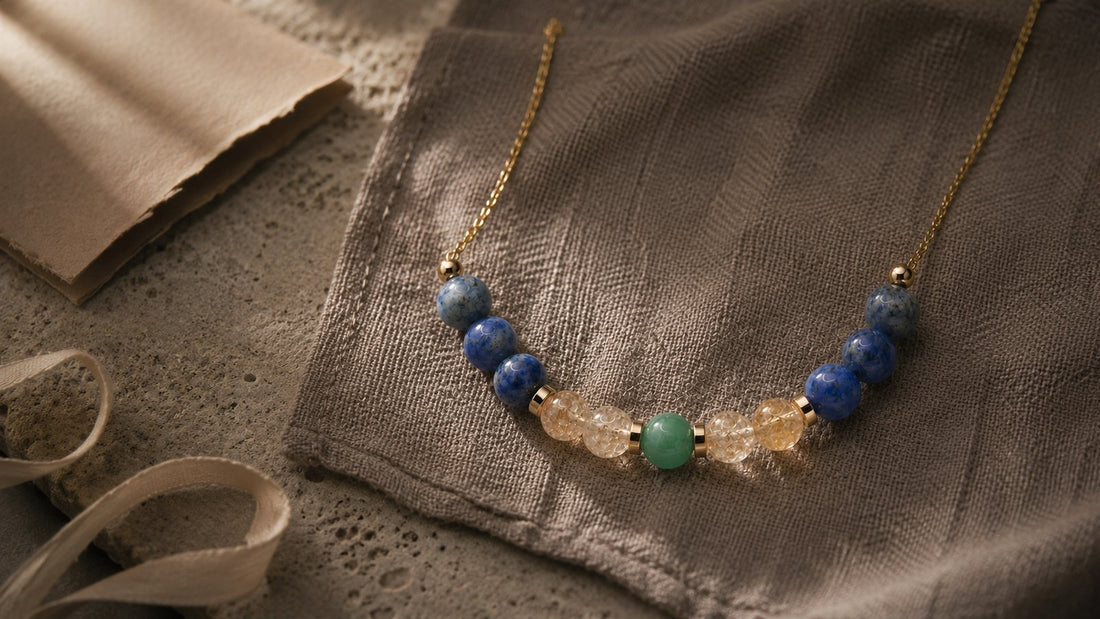 Natural stone zodiac necklace on tactile linen for L&H Atelier meaningful jewelry gifts Journal cover
