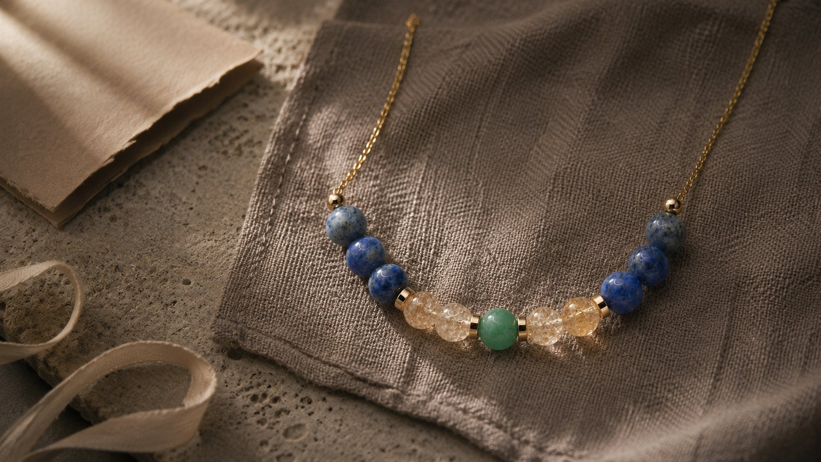 Natural stone zodiac necklace on tactile linen for L&H Atelier meaningful jewelry gifts Journal cover