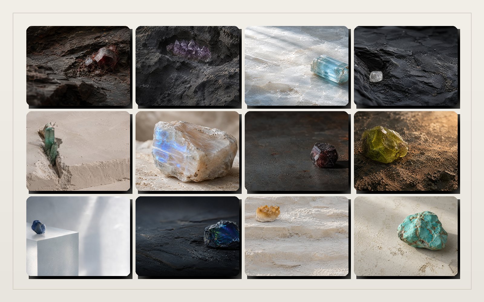Twelve birthstone-inspired natural stones arranged for a month-by-month jewelry guide