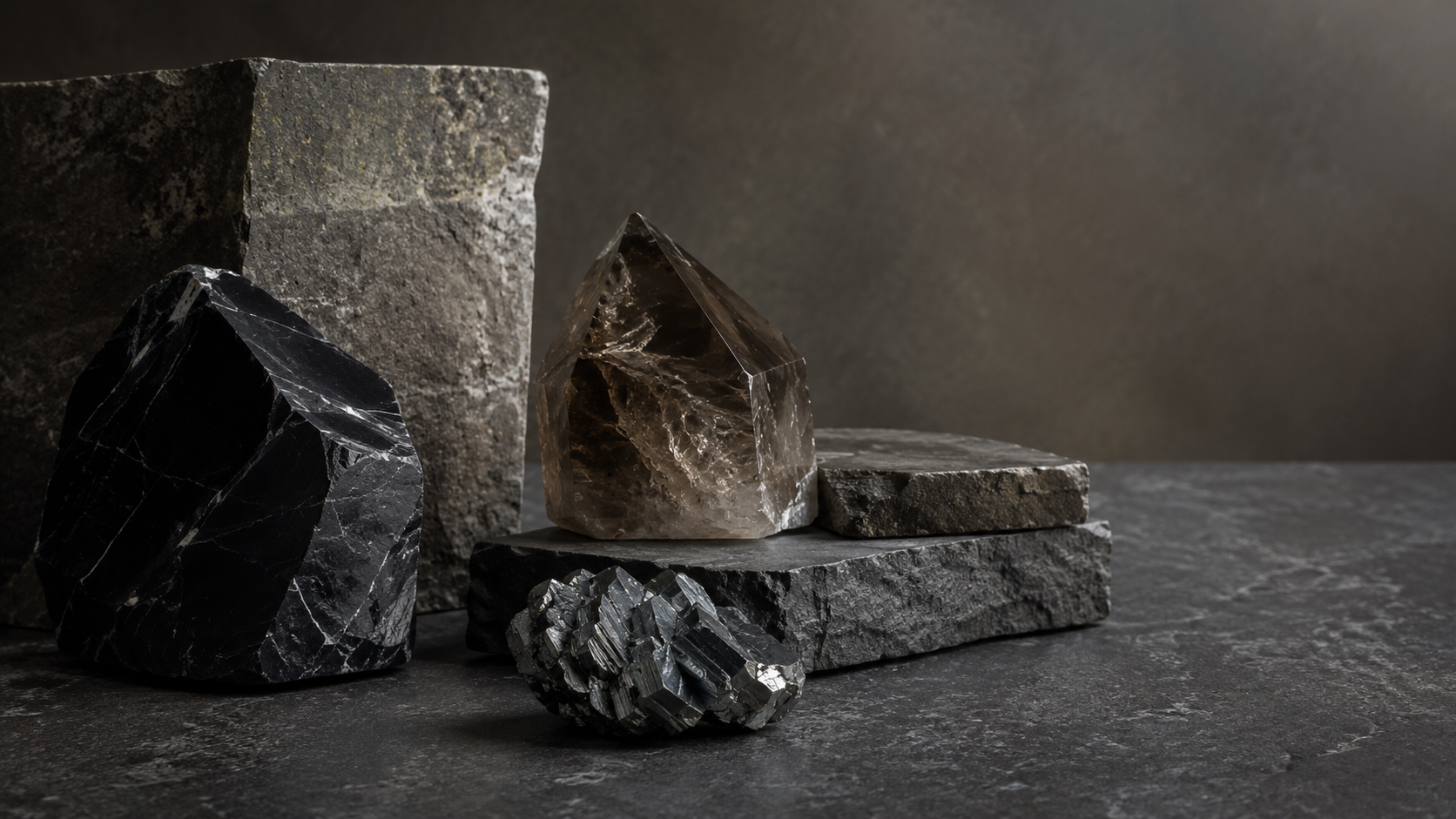 Dark onyx smoky quartz and hematite mineral still life for Capricorn jewelry mood