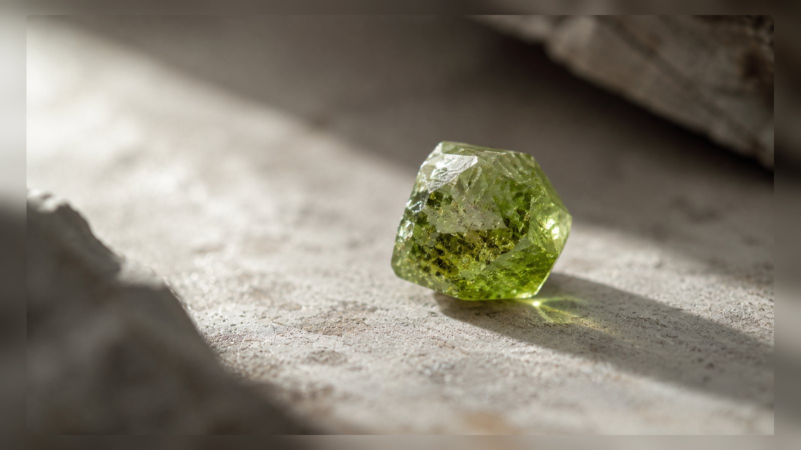 Demantoid Garnet raw stone editorial image for the L&H Atelier Stone Library