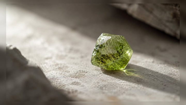 Demantoid Garnet raw stone editorial image for the L&H Atelier Stone Library