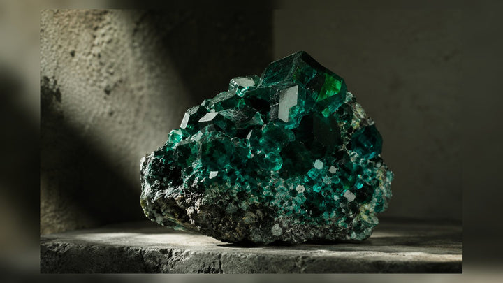 Dioptase raw stone editorial image for the L&H Atelier Stone Library