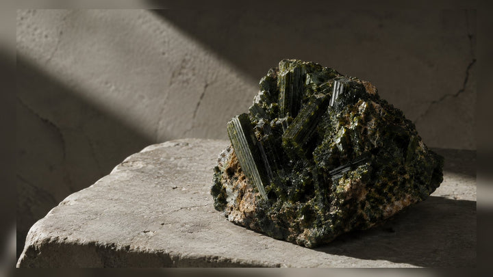 Epidote raw stone editorial image for the L&H Atelier Stone Library