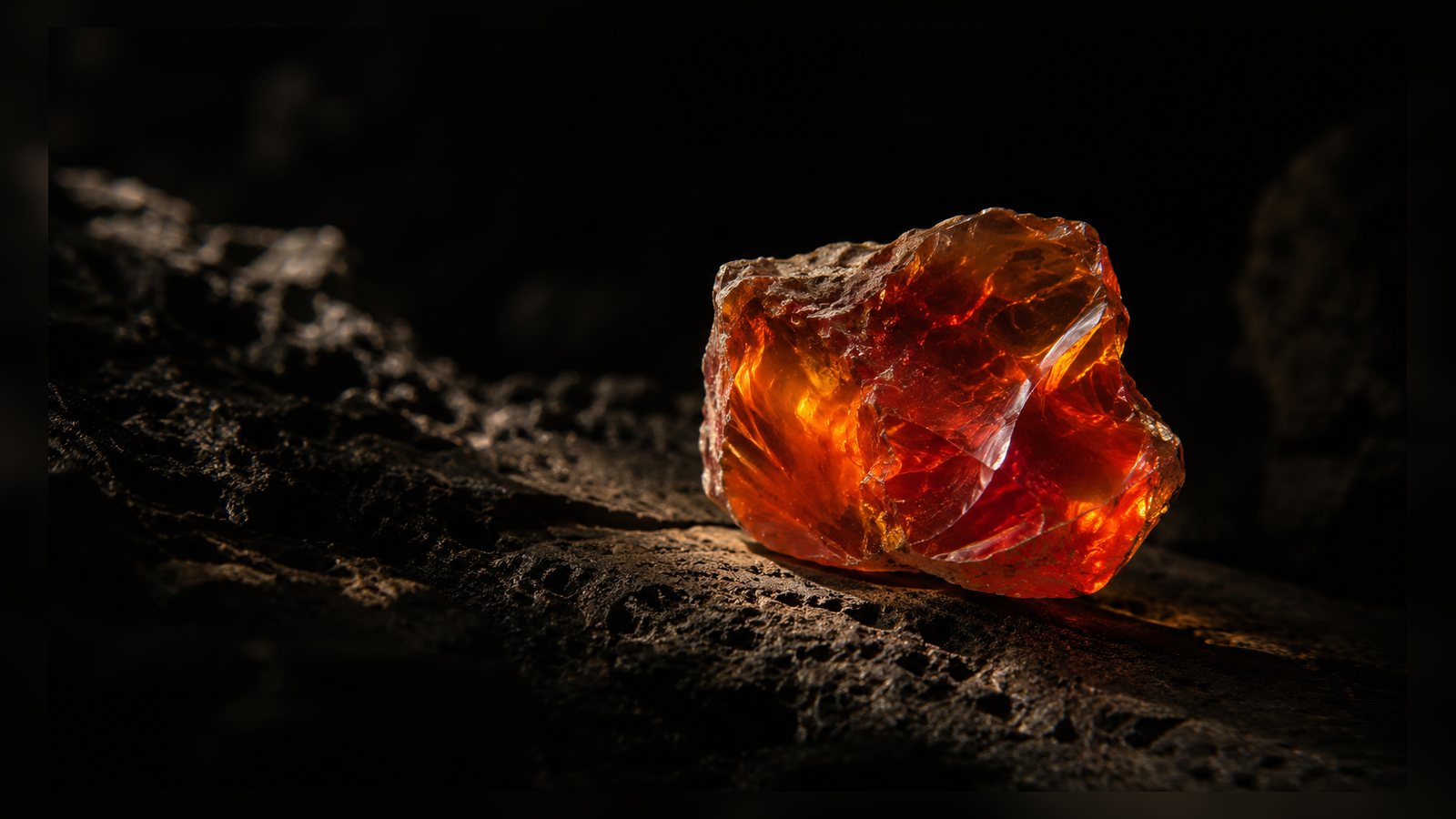 Fire Opal raw stone editorial image for the L&H Atelier Stone Library