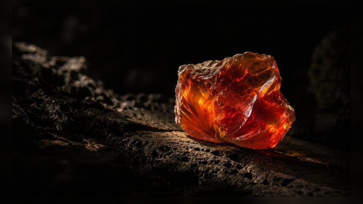Fire Opal raw stone editorial image for the L&H Atelier Stone Library