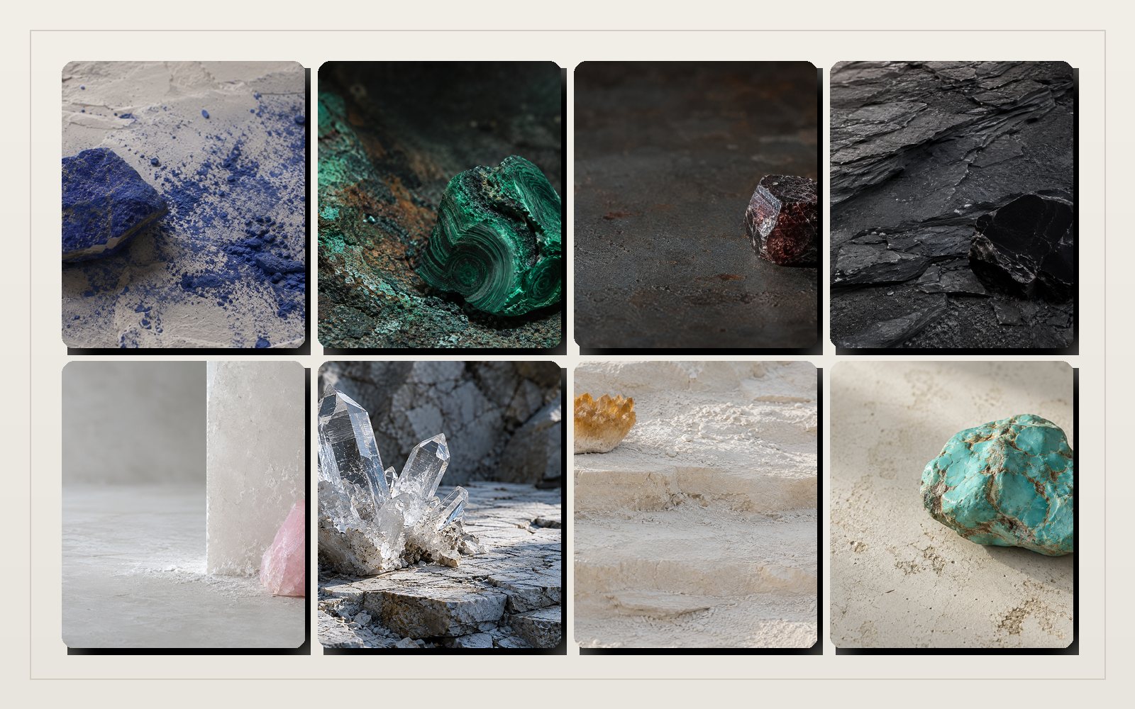 Colorful natural stones arranged for a gemstone color jewelry guide