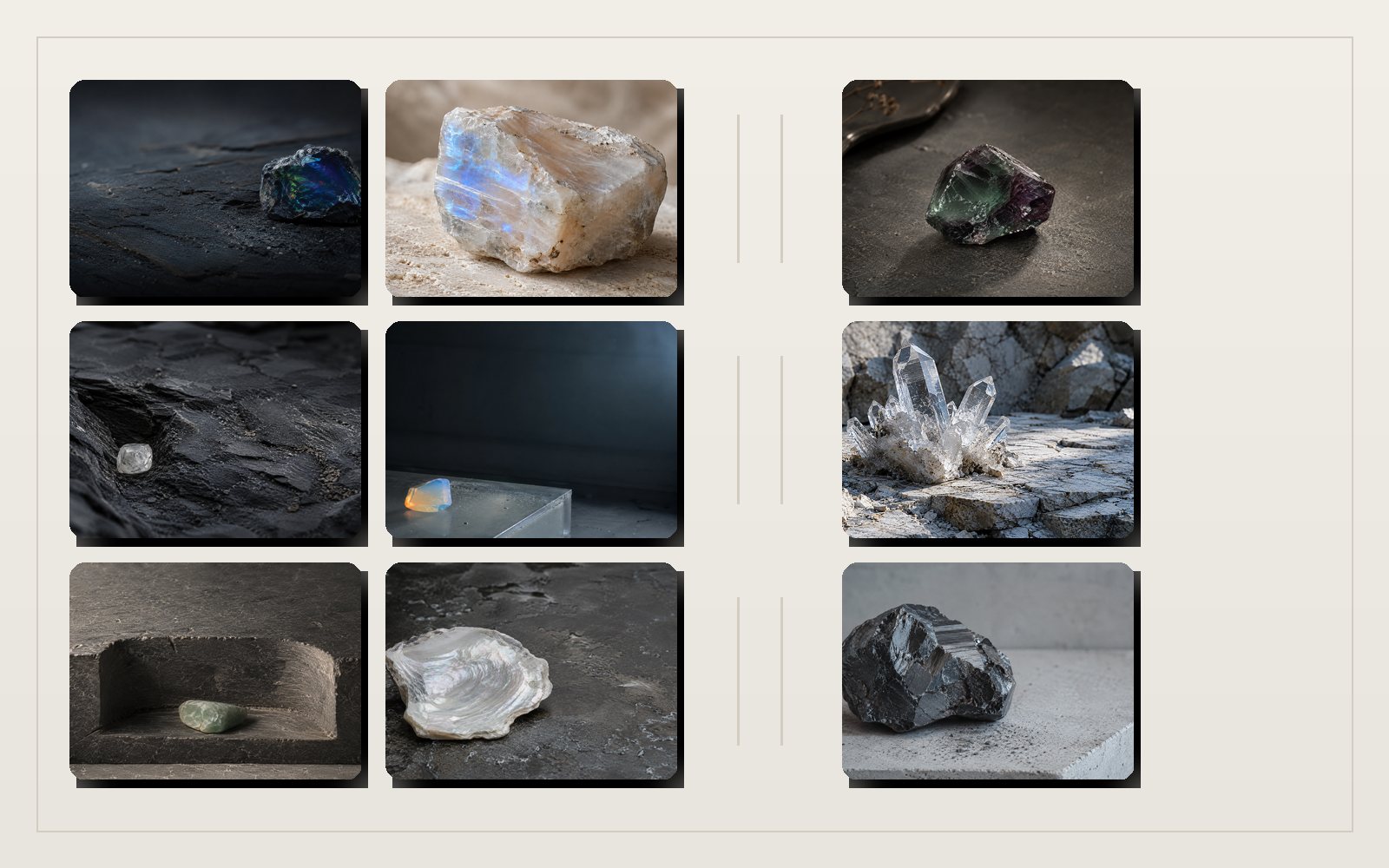 Editorial gemstone comparison cover with opal, moonstone, quartz, jade, and dark stones