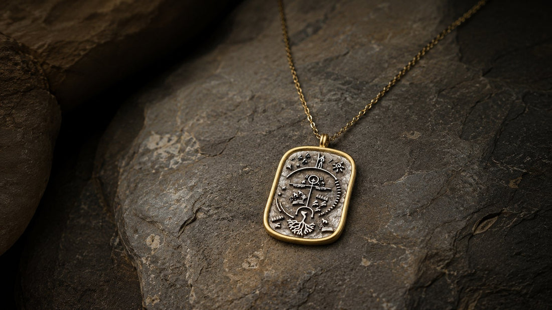 Distinctive symbolic necklace on a dark natural stone surface