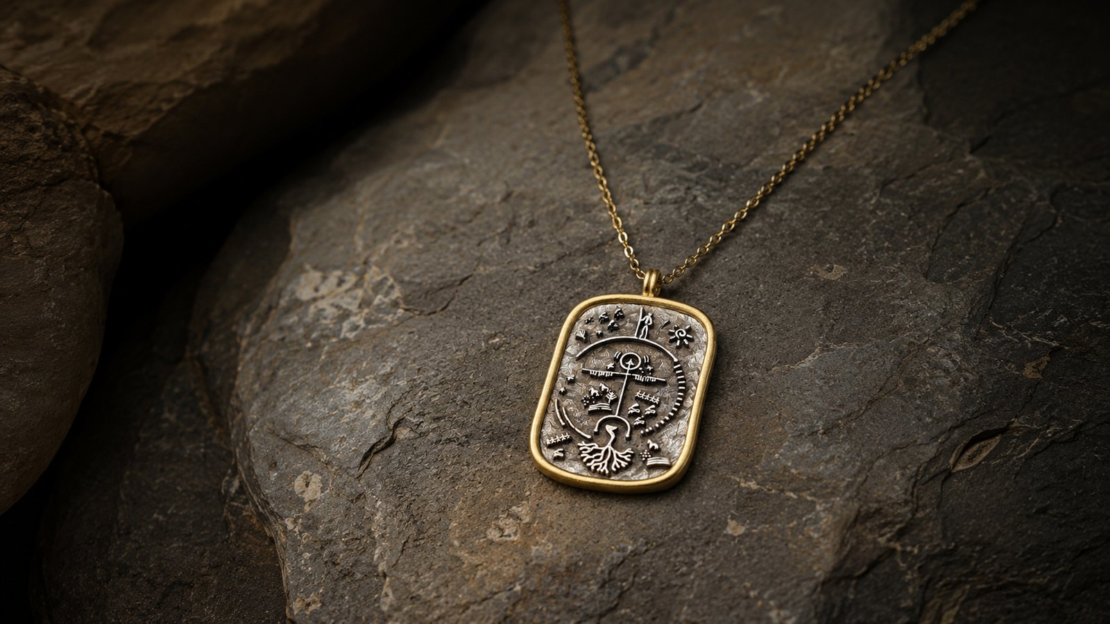 Distinctive symbolic necklace on a dark natural stone surface