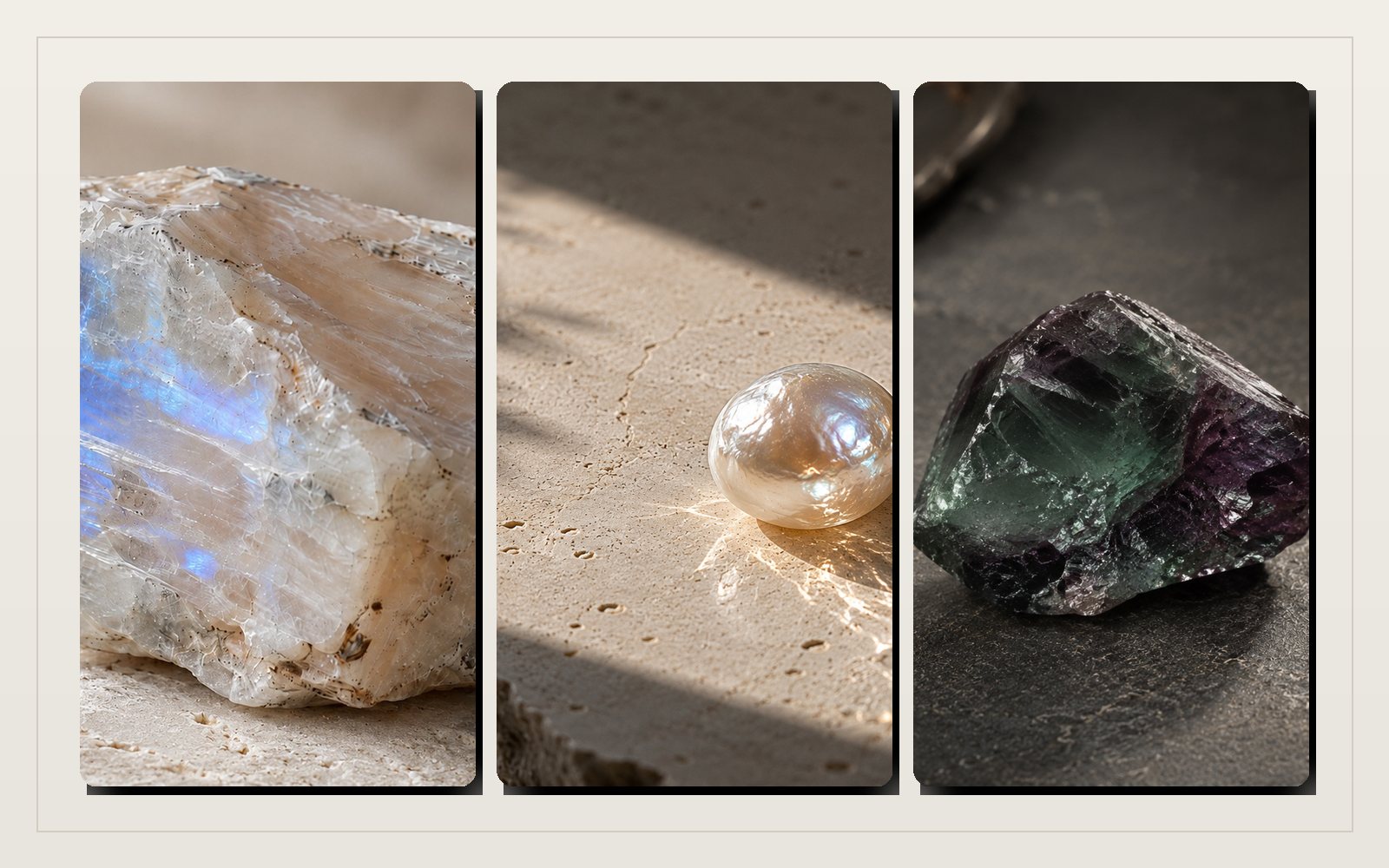 Moonstone, pearl, and alexandrite editorial cover for the June birthstone jewelry guide