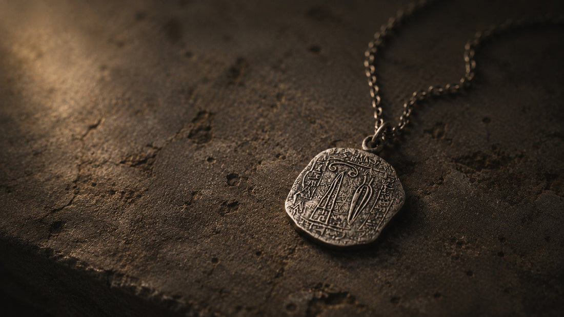 Minimal symbolic silver necklace on a dark textured surface