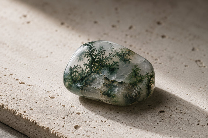 Moss Agate stone image for the L&H Atelier Stone Library jewelry guide