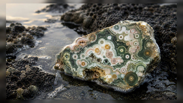 Ocean Jasper raw stone editorial image for the L&H Atelier Stone Library
