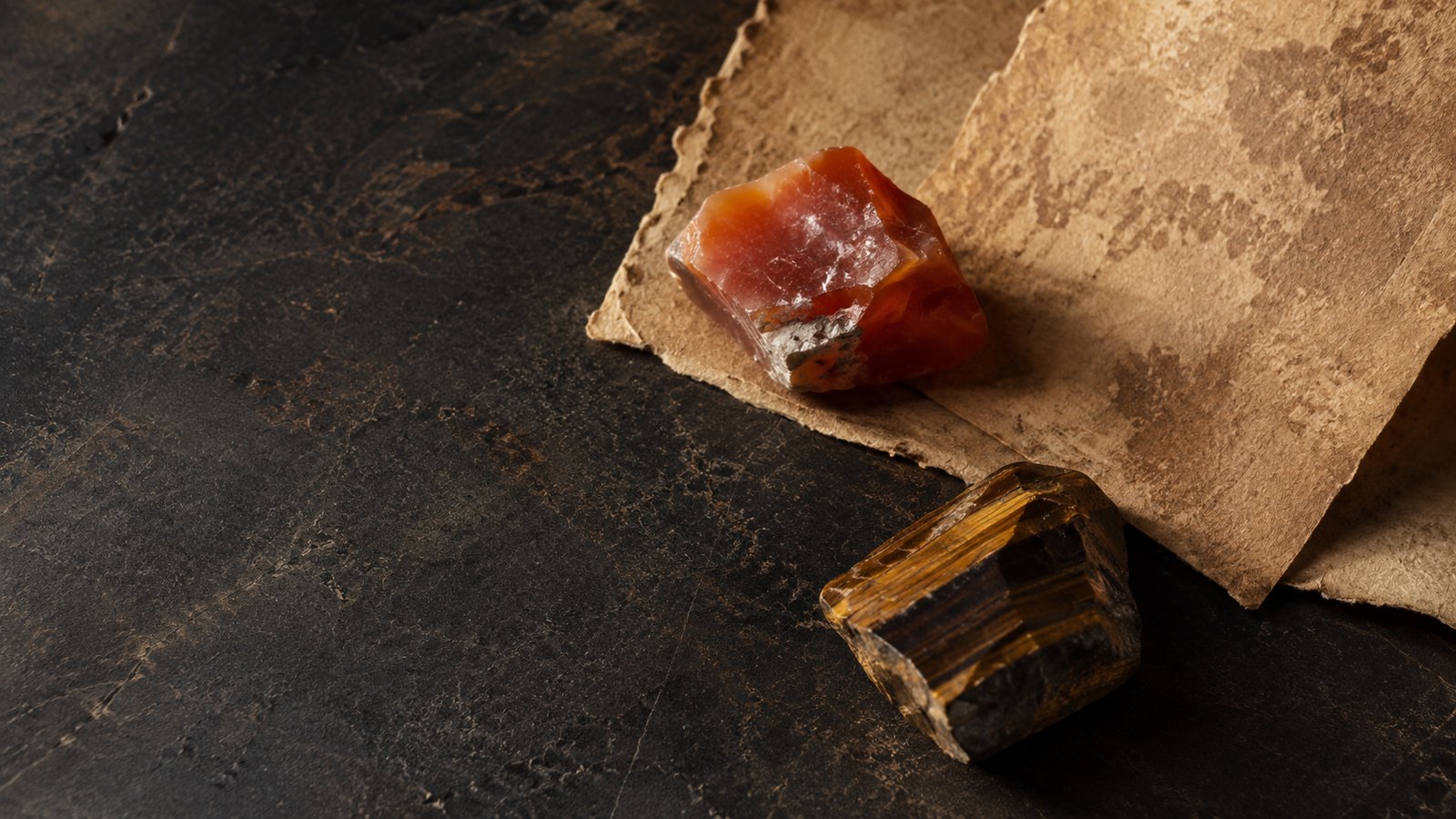 Warm carnelian and tiger eye stones on archive paper for Sagittarius jewelry mood