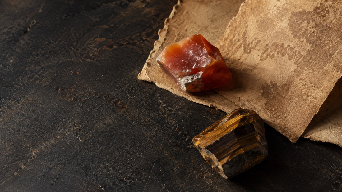 Warm carnelian and tiger eye stones on archive paper for Sagittarius jewelry mood