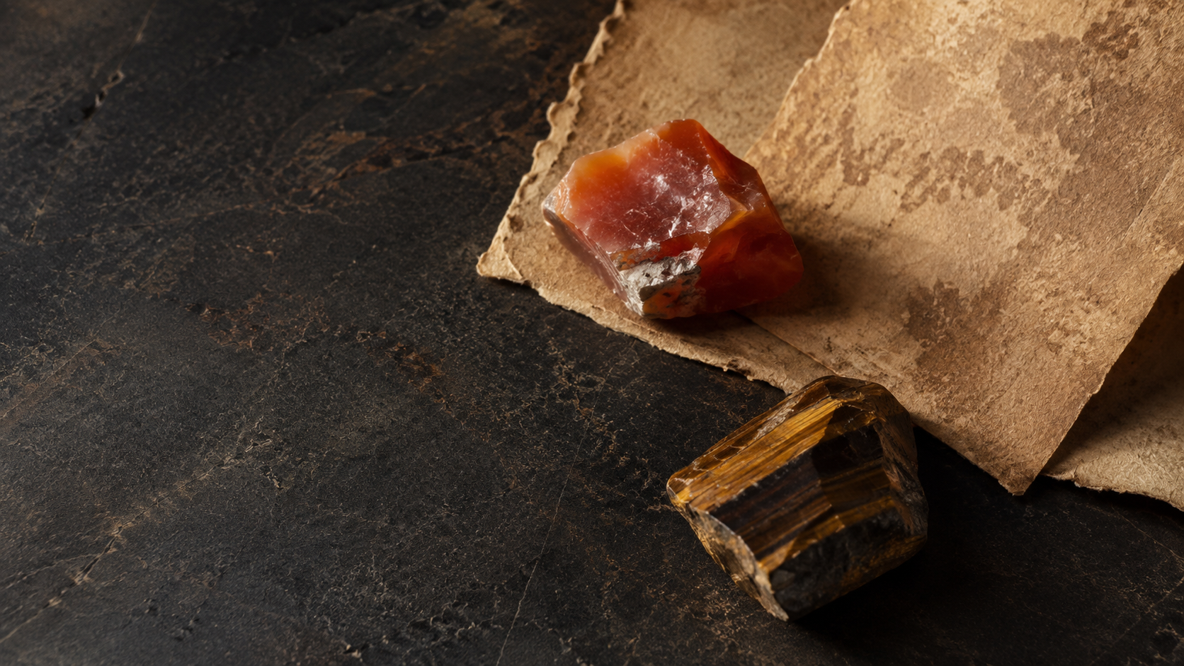 Warm carnelian and tiger eye stones on archive paper for Sagittarius jewelry mood