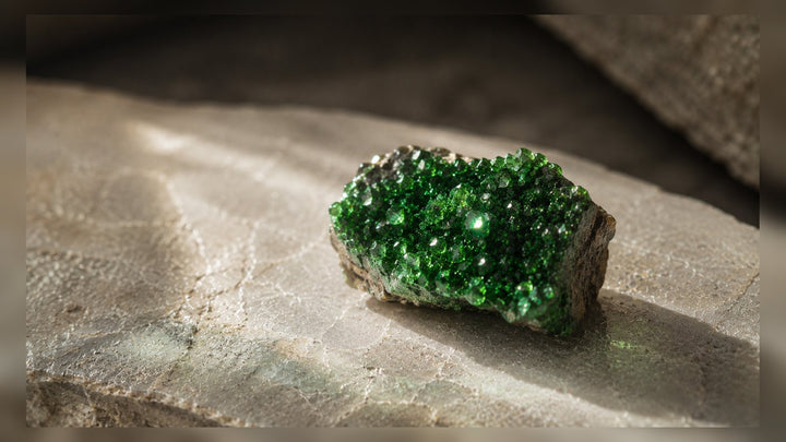 Uvarovite Garnet raw stone editorial image for the L&H Atelier Stone Library