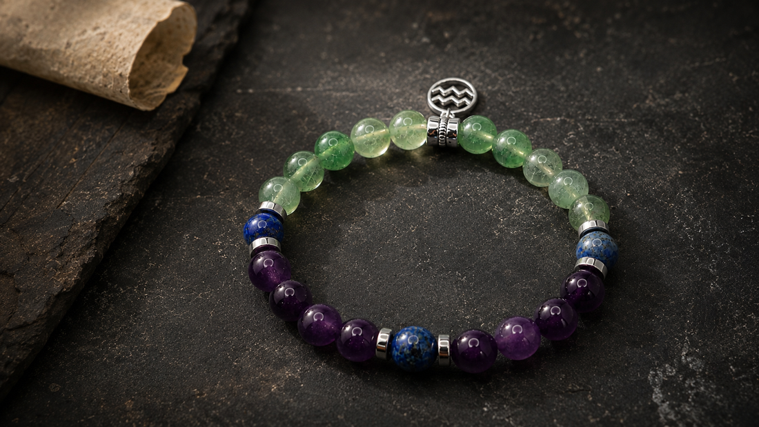 Aquarius zodiac natural stone bracelet on dark mineral surface for L&H Atelier Journal